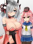  anchor_symbol animal_ears arms_behind_back azur_lane blue_eyes blush breast_envy breasts check_commentary closed_mouth collarbone commentary_request cosplay costume_switch cowboy_shot crossover embarrassed fake_animal_ears grey_background grey_hair hair_ornament hair_over_one_eye hairclip hamakaze_(azur_lane) hamakaze_(azur_lane)_(cosplay) hamakaze_(kantai_collection) hamakaze_(kantai_collection)_(cosplay) japanese_clothes kantai_collection kimono large_breasts looking_at_breasts looking_at_viewer midriff multiple_girls namesake navel pantyhose pink_hair sailor_collar school_uniform short_hair silver_hair simple_background sin_(kami148) stomach twintails yellow_eyes 