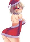  1girl arm_warmers ass azur_lane back backless_outfit bare_shoulders blonde_hair blush bow breasts christmas cowboy_shot embarrassed fur_trim hair_bow hat highres looking_at_viewer looking_back medium_breasts mistynight open_mouth purple_eyes santa_costume santa_hat short_hair sideboob simple_background solo standing sweatdrop white_background z23_(azur_lane) 