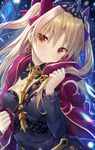  bangs between_breasts black_dress blonde_hair blush breasts cape cleavage closed_mouth dress earrings ereshkigal_(fate/grand_order) eyebrows_visible_through_hair fate/grand_order fate_(series) glowing hair_ribbon head_tilt jewelry light_particles long_hair long_sleeves looking_at_viewer medium_breasts motion_blur parted_bangs purple_cape purple_ribbon red_eyes ribbon skull smile solo spine tiara tsurime two_side_up upper_body v-shaped_eyebrows yano_mitsuki 