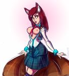  &lt;3 2015 ahri_(lol) animal_humanoid backpack bebecake breasts brown_eyes brown_tail clothed clothing exposed_breasts female fox_humanoid front_view hair hairclip humanoid knee_socks league_of_legends legwear light_skin multi_tail necktie nipples open_shirt portrait red_hair riot_games school_uniform shirt simple_background skirt socks solo three-quarter_portrait uniform video_games white_background 
