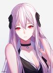  artist_name bangs bare_arms black_choker black_shirt breasts choker cleavage collarbone collared_shirt commentary cross_choker eyebrows_visible_through_hair girls_frontline grey_background hair_between_eyes hair_ribbon hand_in_hair highres hirein iron_cross kar98k_(girls_frontline) large_breasts long_hair looking_at_viewer parted_lips red_eyes ribbon shirt sidelocks silver_hair simple_background solo very_long_hair white_shirt 