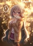  1girl ahoge backlighting bangs black_legwear blurry blush bokeh boots breath brown_coat brown_footwear coat depth_of_field duffel_coat eyebrows_visible_through_hair frilled_skirt frills hair_between_eyes hand_on_own_chest kantai_collection kiyoshimo_(kantai_collection) knee_boots long_hair long_sleeves looking_at_viewer mika_(1020mk) nose_blush open_clothes open_coat own_hands_together pantyhose plaid plaid_skirt pleated_skirt purple_eyes purple_skirt shirt silver_hair skirt sleeves_past_wrists solo sparkle speech_bubble spoken_exclamation_mark twitter_username very_long_hair wavy_hair white_shirt 