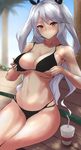  azur_lane bench bikini black_bikini blurry blush breast_lift breasts brown_eyes cleavage crossed_legs day depth_of_field din_(raiden) hands_on_own_chest highres large_breasts long_hair looking_at_viewer navel outdoors prinz_eugen_(azur_lane) silver_hair sitting solo sweatdrop swimsuit two_side_up underboob 