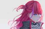  artist_name bangs blue_eyes choker collared_jacket commentary floating_hair from_side girls_frontline grey_background hair_ornament hirein jacket long_hair looking_away multicolored_hair one_side_up parted_lips pink_hair scarf shirt sidelocks snow snowing solo st_ar-15_(girls_frontline) streaked_hair wind wind_lift 