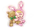  animal_ears blonde_hair blush bow bowtie bunny_ears bunny_tail christine_(doubutsu_no_mori) closed_eyes doubutsu_no_mori furry hug makeup open_mouth simple_background solo stuffed_animal stuffed_toy tail teddy_bear tsutsuji_(hello_x_2) white_background 