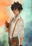  bandages brown_hair closed_mouth fishiebug freckles gloves green_eyes hair_between_eyes looking_to_the_side male_focus messy_hair orange_gloves oscar_pine rag rwby shirt sleeves_rolled_up solo suspenders tan thick_eyebrows white_shirt 