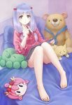  absurdres bed blue_eyes bow eromanga_sensei francascofeng full_body hair_bow highres holding izumi_sagiri lavender_hair long_hair looking_at_viewer mask mask_removed on_bed parted_lips pillow pink_pajamas red_bow sitting solo stuffed_animal stuffed_fox stuffed_octopus stuffed_toy stylus tablet teddy_bear 