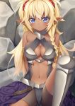  1girl armor bangs bare_arms bare_shoulders bike_shorts bikini_armor blonde_hair blue_eyes blush braid breasts cleavage collarbone commentary_request dark_skin edelgard eyebrows_visible_through_hair greaves hair_ornament hair_scrunchie highres isekai_maou_to_shoukan_shoujo_dorei_majutsu knee_up long_hair medium_breasts navel noshimasa pointy_ears pout red_scrunchie rock scrunchie short_shorts shorts sidelocks single_braid sitting solo waist_cape 