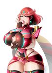  1girl breasts brown_eyes circlet cleavage cleavage_cutout curvy earrings fingerless_gloves gloves heart-shaped_pupils highres homura_(xenoblade_2) huge_breasts nintendo open_mouth red_hair scarf shiny shiny_clothes shiny_hair shiny_skin short_hair short_shorts shorts solo symbol-shaped_pupils thick_thighs thighhighs tongue tongue_out wide_hips xenoblade xenoblade_2 xiceowl 