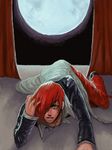  constricted_pupils curtains full_moon hair_over_one_eye hand_in_hair looking_at_viewer male_focus moon pants parted_lips red_eyes red_hair solo tanaji_yuu the_king_of_fighters top-down_bottom-up yagami_iori 