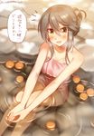  1girl :d alternate_hairstyle bare_arms bare_legs bare_shoulders bathing blush breasts brown_eyes brown_hair cleavage collarbone feet_out_of_frame folded_ponytail from_above haruna_(kantai_collection) kantai_collection knees_up long_hair looking_at_viewer looking_up medium_breasts mika_(1020mk) naked_towel onsen open_mouth own_hands_together partially_submerged sidelocks sitting smile solo speech_bubble steam stone towel translated twitter_username v_arms water 