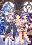  :d animal_ears aster_(granblue_fantasy) bangs bare_shoulders barefoot black_legwear blue_eyes blue_hair blunt_bangs blush breasts brown_eyes brown_footwear brown_hair chestnut_mouth closed_mouth collarbone commentary_request curly_hair detached_sleeves dress erin_(granblue_fantasy) erune eyebrows_visible_through_hair frilled_sleeves frills fur_trim girl_sandwich granblue_fantasy hair_twirling hairband hand_on_another's_shoulder head_tilt highres holding_hands indoors keepvalley kneeling lavender_hair lens_flare lily_(granblue_fantasy) long_hair looking_at_viewer medium_breasts multiple_girls on_bed open_mouth pointy_ears purple_hair sandwiched sitting smile sunlight thighhighs toeless_legwear toenails v-shaped_eyebrows vetor_(granblue_fantasy) white_dress window 