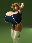  2017 3d_(artwork) annabelle_cow anthro anthroanim big_breasts blonde_hair boots bovine breasts cattle clothed clothing digital_media_(artwork) female footwear fur gloves hair horn huge_breasts hyper knee_high_boots looking_at_viewer mammal one-piece pose simple_background smile solo swimsuit 