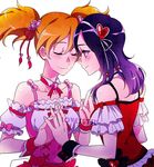  blush closed_eyes closed_mouth detached_collar fresh_precure! hair_ornament heart heart_hair_ornament higashi_setsuna interlocked_fingers looking_at_another momozono_love multiple_girls negom orange_hair precure purple_hair red_eyes short_hair simple_background smile twintails white_background yuri 