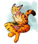  anthro balls bottomless clothed clothing controller ear_piercing feline flaccid gaming green_eyes humanoid_penis hybrid letigre male mammal nowandlater penis piercing solo stripes tiger tigerlynx tongue tongue_out uncut undershirt whiskers 