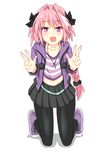  astolfo_(fate) black_bow black_ribbon bow braid commentary_request crokase fang fate/apocrypha fate_(series) hair_intakes hair_ribbon highres long_braid long_hair looking_at_viewer male_focus midriff multicolored_hair open_mouth otoko_no_ko pantyhose pink_hair purple_eyes ribbon single_braid smile solo streaked_hair 