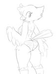  anthro avian beak bikini bird breasts butt clothed clothing female looking_at_viewer looking_back monochrome open_mouth smile solo somnamg standing swimsuit 