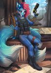  2017 5_fingers anthro blue_fur blue_nose canine clothed clothing curved_horn day demon detailed_background digital_media_(artwork) fallout female fox fur gun hair heterochromia holding_object holding_weapon horn inside mammal pink_hair ranged_weapon sky solo sora_(sorafoxyteils) sorafoxyteils tongue video_games weapon 