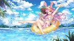  animal_ears barefoot bikini blush bow breasts bunny_ears bunnygirl clouds garter hat ice_cream long_hair original pink_eyes pink_hair ryuu32 sky swim_ring swimsuit tree water 