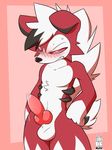  animal_genitalia animal_penis anthro balls black_fur blush canine_penis clenched_teeth erection fur hands_on_hip knot lycanroc male miau midnight_lycanroc nintendo penis pok&eacute;mon pok&eacute;mon_(species) precum red_fur red_sclera sheath simple_background solo standing teeth video_games white_fur 