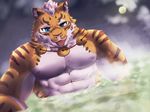  abs blue_eyes coin feline hair inner_ear_fluff jewelry lin_hu male mammal muscular muscular_male necklace nekojishi nipples partially_submerged pecs tiger tongue tongue_out tyanoma 