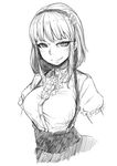  blouse blush breasts closed_mouth commentary dagashi_kashi eyebrows_visible_through_hair flower greyscale hair_flower hair_ornament hairband high-waist_skirt large_breasts looking_at_viewer monochrome nukomasu puffy_short_sleeves puffy_sleeves ringed_eyes shidare_hotaru short_hair short_sleeves simple_background sketch skirt smile solo suspender_skirt suspenders upper_body white_background 