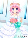  ahoge animal_ears aqua_bow bangs bare_shoulders blush bouquet bow closed_mouth collarbone day dog_ears dog_girl dog_tail dress eyebrows_visible_through_hair flower hair_between_eyes holding holding_bouquet looking_at_viewer off-shoulder_dress off_shoulder official_art outdoors pink_hair purple_eyes smile solo sunlight tail usashiro_mani valhalla_valkyries wedding_dress white_dress 
