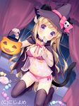 animal_ears babydoll bangs basket black_cape black_choker black_hat black_legwear blonde_hair blush bow bow_bra bra breasts candy cape cat_ears cat_girl cat_tail choker collarbone curtains ears_through_headwear elbow_gloves eyebrows_visible_through_hair food gloves halloween_basket hat hat_bow head_tilt holding holding_basket indoors jack-o'-lantern licking lollipop long_hair looking_at_viewer medium_breasts official_art panties parted_lips pink_bow pink_ribbon purple_bra purple_eyes purple_panties ribbon saliva see-through skull solo swirl_lollipop tail thighhighs tongue tongue_out underwear usashiro_mani valhalla_valkyries very_long_hair white_gloves window wing_hair_ornament witch_hat 