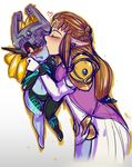  2girls blush brown_hair elbow_gloves embarrassed eyes_closed fang gloves heart helmet highres imp inuki kiss long_hair midna multiple_girls nintendo orange_hair pointy_ears princess_zelda red_eyes simple_background size_difference the_legend_of_zelda the_legend_of_zelda:_twilight_princess yuri 