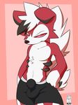  anthro black_fur boxers_(clothing) bulge clothing fur hands_on_hip lycanroc male miau midnight_lycanroc nintendo pok&eacute;mon pok&eacute;mon_(species) red_fur red_sclera simple_background standing underwear video_games white_fur 