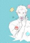  absurdres blue_background chef_uniform food gindoro highres looking_to_the_side macaron male_focus original patissier_(gindoro) polka_dot polka_dot_background simple_background sleeves_rolled_up solo upper_body 