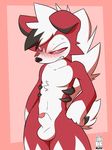  animal_genitalia anthro balls black_fur blush clenched_teeth exposed fur hands_on_hip lycanroc male miau midnight_lycanroc nintendo pok&eacute;mon pok&eacute;mon_(species) red_fur red_sclera sheath simple_background solo standing teeth video_games white_fur 