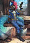  2017 5_fingers anthro blue_fur breasts canine clothed clothing curved_horn day demon detailed_background digital_media_(artwork) fallout female fox fur gun hair holding_object holding_weapon horn inside mammal mask pink_hair ranged_weapon sky solo sora_(sorafoxyteils) sorafoxyteils video_games weapon 