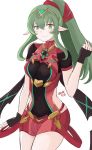  1girl armor blush breasts chiki cosplay crossover fingerless_gloves fire_emblem fire_emblem:_kakusei fire_emblem:_monshou_no_nazo gloves green_eyes green_hair highres homura_(xenoblade_2) homura_(xenoblade_2)_(cosplay) jewelry kgctcg long_hair looking_at_viewer mamkute medium_breasts nintendo pointy_ears ponytail simple_background smile solo standing super_smash_bros. super_smash_bros._ultimate xenoblade_(series) xenoblade_2 