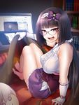  bangs barefoot bird black_hair book bookshelf breasts commentary_request fate/grand_order fate_(series) glasses hairband hijiri_tsukasa kotatsu large_breasts long_hair looking_at_viewer low_twintails niconico open_mouth osakabe-hime_(fate/grand_order) purple_eyes red-framed_eyewear semi-rimless_eyewear sleeveless smile solo table tablet_pc twintails under-rim_eyewear very_long_hair 