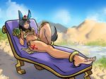  anklet bangs beverage blue_eyes bracelet chair clothed clothing crown dark_skin desert ear_piercing egyptian female jackal_humanoid jewelry lapis_(endertau) lens_flare liefeldianabomination lounge_chair lying navel piercing smile soles solo tattoo tiara toes 