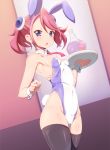  1girl absurdres animal_ears black_legwear blue_eyes bottle breasts bunny_ears bunny_girl bunny_tail bunnysuit cowboy_shot danpu detached_collar erect_nipples highres hiiragi_yuzu looking_at_viewer necktie open_mouth pink_hair red_neckwear short_hair small_breasts solo tail thighhighs tray two-tone_leotard wrist_cuffs yu-gi-oh! yuu-gi-ou yuu-gi-ou_arc-v 