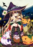  ;) black_legwear blue_eyes book bookmark brown_footwear brown_hair candle dated dragon flower frilled_skirt frills full_moon graveyard hair_between_eyes hand_on_own_chin hat jack-o'-lantern long_hair moon night night_sky one_eye_closed open_book outdoors purple_hat purple_skirt sid_story sitting skirt skull sky smile striped striped_legwear very_long_hair witch_hat wooni 