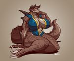  athletic athletic_female big_breasts blazbaros breasts claws cleavage clothed clothing deathclaw eyewear fallout female glasses horn monster muscular muscular_female not_furry red_eyes reptile scalie sitting skimpy solo torn_clothing video_games 