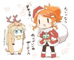  alternate_costume animal_costume antlers aquila_(kantai_collection) capelet christmas commentary_request dress fur_trim gift graf_zeppelin_(kantai_collection) hair_ornament hairclip hat high_ponytail jacket kantai_collection long_hair merry_christmas multiple_girls orange_hair pantyhose rebecca_(keinelove) red_dress red_jacket reindeer_costume sack santa_costume santa_hat translated 