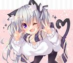 ;d animal_ears asymmetrical_hair bangs bent_over black_legwear blush cat_ears cat_girl cat_tail commentary_request double_v eyebrows_visible_through_hair fang hair_between_eyes head_tilt heart heart_tail highres looking_at_viewer one_eye_closed ooji_cha open_mouth original oziko_(ooji_cha) pantyhose plaid plaid_skirt pleated_skirt purple_eyes purple_skirt scarf silver_hair skirt smile solo sparkle sweater tail twintails v white_sweater 