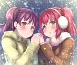  bangs beige_coat blush brown_coat coat earmuffs fur-trimmed_coat fur_trim green_eyes highres hitotsuki_no_yagi holding_hands kazuno_leah kurosawa_ruby long_sleeves looking_at_viewer love_live! love_live!_sunshine!! multiple_girls parted_lips pom_pom_(clothes) purple_eyes purple_hair red_hair snowing twintails two_side_up upper_body winter_clothes yuri 