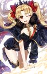  bangs black_cape blonde_hair breasts cape commentary_request earrings ereshkigal_(fate/grand_order) fate/grand_order fate_(series) floating_hair fur-trimmed_cape fur_trim gijang hair_ribbon jewelry leg_up light_particles long_hair looking_at_viewer medium_breasts one_eye_closed open_mouth red_eyes red_ribbon ribbon simple_background single_sleeve skull solo spine tiara twintails white_background 
