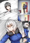  2boys ahoge arm_grab bangs black_hair black_skirt blue_shirt breasts carrying casual comic commentary door eyebrows_visible_through_hair faceless faceless_male fate/grand_order fate_(series) formal fujimaru_ritsuka_(male) fur_trim ginhaha if_they_mated indoors jeanne_d'arc_(alter)_(fate) jeanne_d'arc_(fate)_(all) long_sleeves medium_breasts motion_lines multiple_boys open_door peeking shirt short_hair shoulder_support silent_comic silver_hair skirt surprised under_covers wicked_dragon_witch_ver._shinjuku_1999 yellow_eyes 