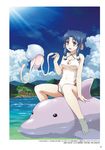  arm_support atui_(utawareru_mono) barefoot blue_hair blue_sky breasts brown_eyes cleavage cleavage_cutout cloud covered_navel day dolphin eyebrows_visible_through_hair hair_ornament halterneck highres medium_breasts nakata_masahiko one-piece_swimsuit open_mouth outdoors page_number red_ribbon ribbon short_hair_with_long_locks sidelocks sitting sky solo swimsuit utawareru_mono utawareru_mono:_itsuwari_no_kamen water white_swimsuit 