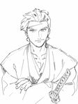  crossed_arms gindoro highres japanese_clothes male_focus monochrome original patissier_(gindoro) simple_background sketch solo sword weapon white_background 