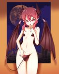  blush border bottomless breasts bridgeless_bra building closed_mouth collarbone covering covering_crotch cowboy_shot demon_girl demon_horns demon_tail demon_wings eron finger_to_mouth full_moon groin hair_between_eyes head_tilt highres horns looking_at_viewer low_wings messy_hair moon navel night orange_background original outside_border pointy_ears red_eyes red_hair short_hair_with_long_locks silhouette slit_pupils small_breasts smile solo standing tail tongue tongue_out tsurime v-shaped_eyebrows wings 