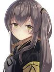  absurdres brown_hair commentary eyebrows_visible_through_hair girls_frontline highres jacket long_hair looking_at_viewer motokonut scar scar_across_eye simple_background smile solo twintails ump45_(girls_frontline) upper_body white_background yellow_eyes 