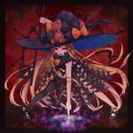  abigail_williams_(fate/grand_order) asymmetrical_legwear bangs black_bow black_hat black_legwear black_panties blonde_hair bow fate/grand_order fate_(series) hat highres holding key keychain long_hair looking_at_viewer mouth_hold orange_bow panties polka_dot polka_dot_bow red_eyes revealing_clothes single_thighhigh smile solo stuffed_animal stuffed_toy teddy_bear thighhighs underwear very_long_hair yuurei447 