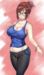  :o armpits bangs bare_arms bare_shoulders black-framed_eyewear blue_shirt blush bracelet breasts cleavage collarbone cowboy_shot glasses groin hair_ornament hair_stick hand_up highres jewelry large_breasts looking_at_viewer mei_(overwatch) open_mouth overwatch pants pearl_bracelet pink_background ponytail shirt short_hair sidelocks sketch sleeveless solo standing swept_bangs tomliat track_pants v-shaped_eyebrows 